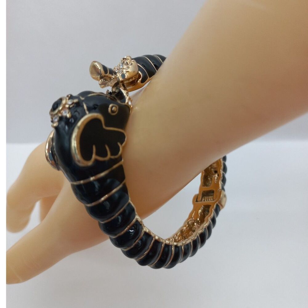 Elephant Bracelet black enamel,  gold tone and rhinestones hinged bangle
